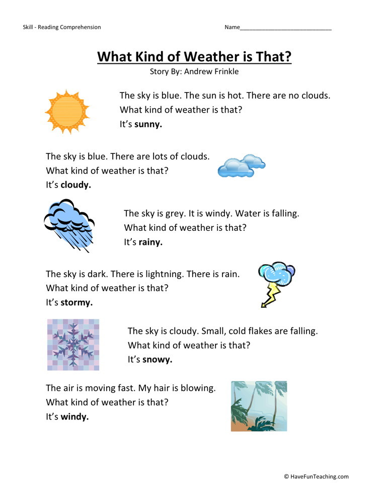 free what kind of weather is that kindergarten reading comprehension worksheet - Kindergarten Weather Report