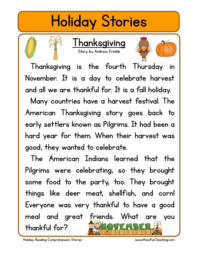 Reading Comprehension Worksheet - Thanksgiving